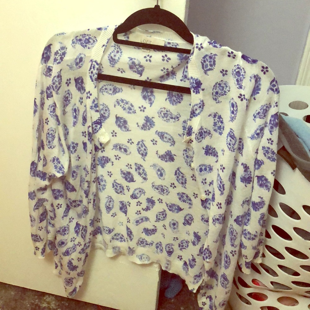 Ann Taylor Loft White cardigan with blue dots